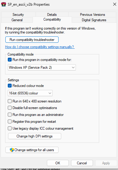 Windows compatibility settings: Windows XP SP2 and 16-bit colour